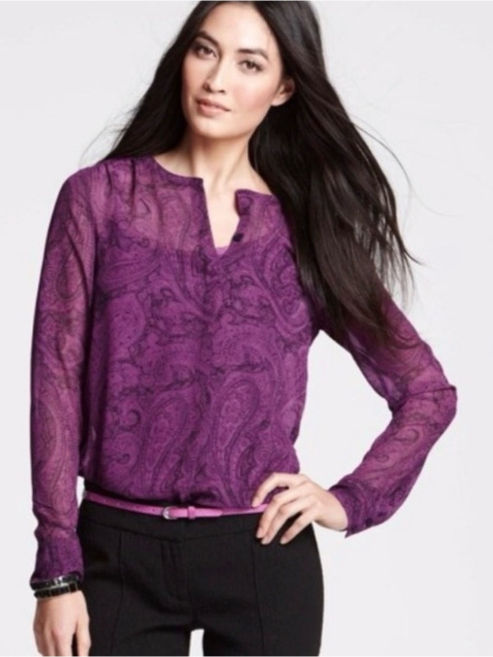 NWT Ann Taylor Purple Paisley Split-Neck Long-Sleeve Button Up Blouse